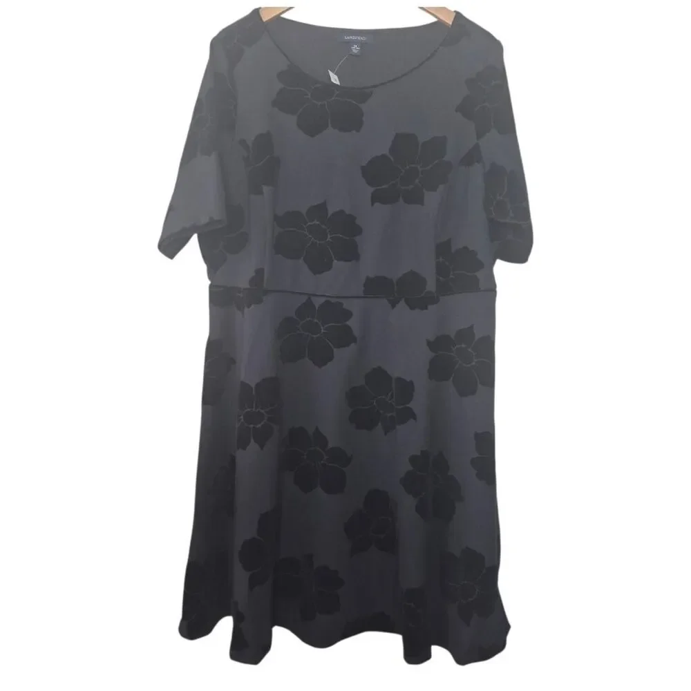 Lands' End Black Floral Fit & Flare Mini Dress 3/4 Sleeves Plus Size 1X - Picture 2 of 5